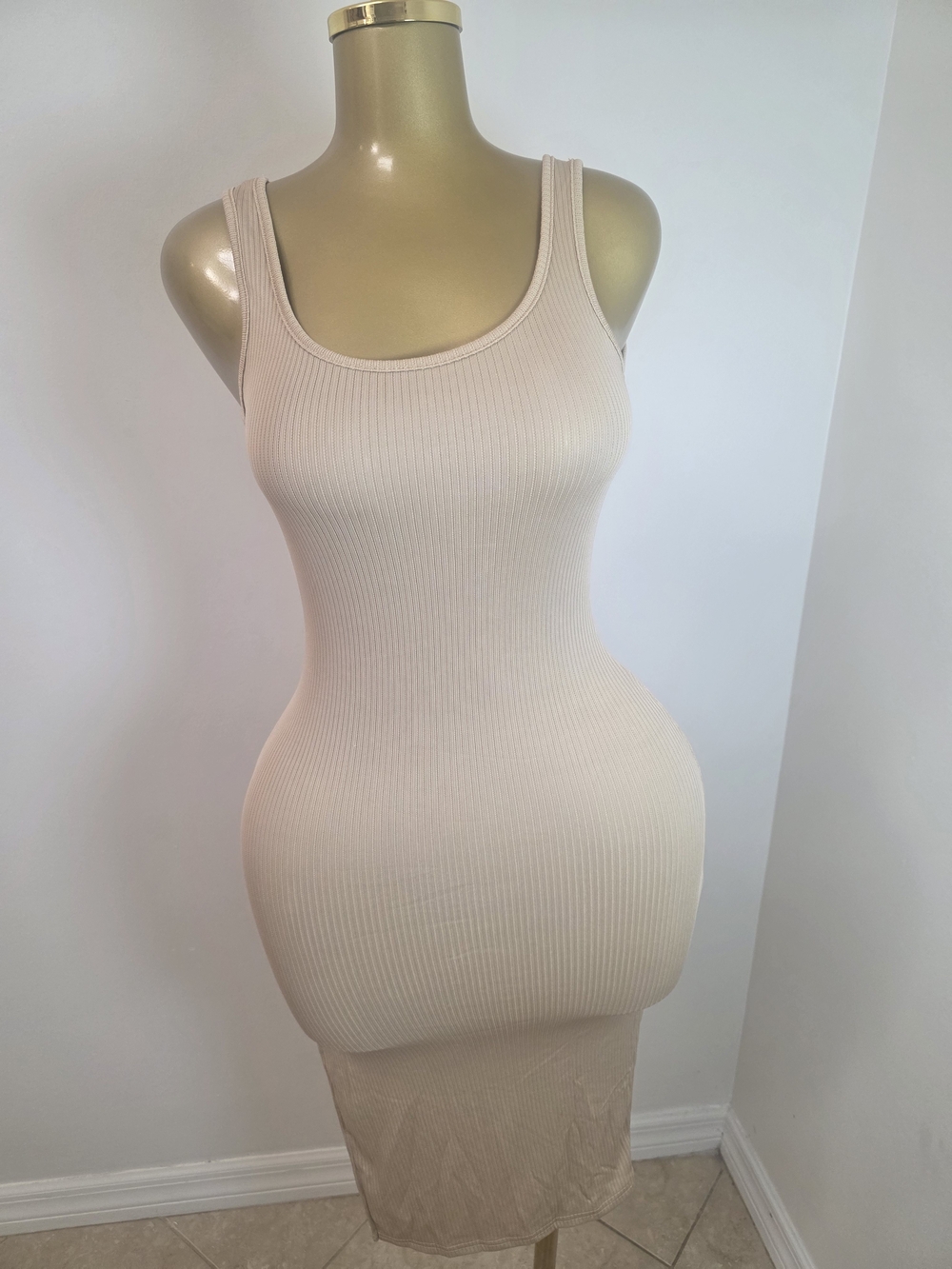 Cream Ribbed Sleeveless Bodycon Midi Dress